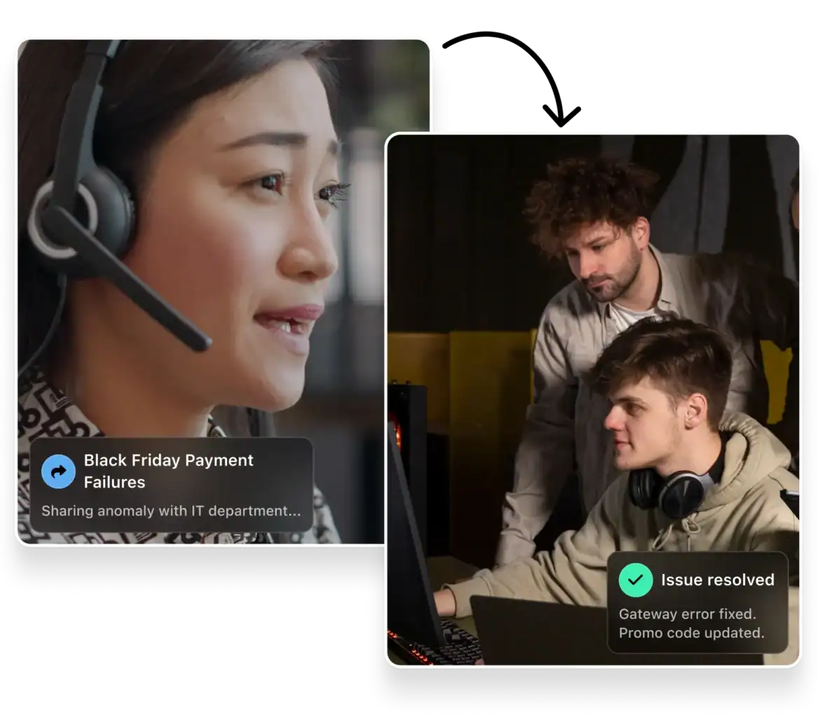 Contact centre agent sharing a Black Friday payment failures anomaly with the IT department, leading to issue resolved — gateway error fixed and promo code updated